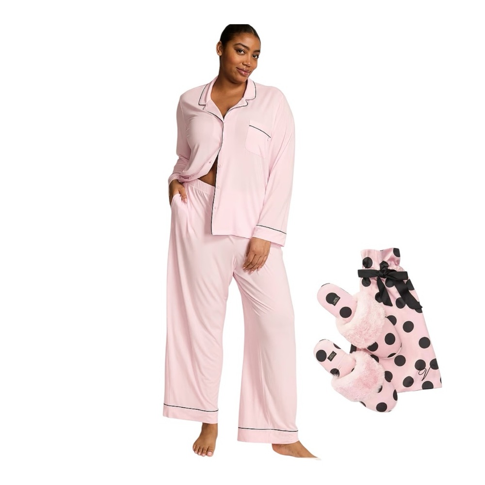 New Victoria’s Secret Long Sleeve Pjs  (Pink/Black) & PolkaDot Slippers sz Large